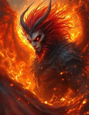 The primary subject of the image is a demonic figure with red hair and a beard, standing in front of a fiery background. The setting appears to be a dark and ominous environment, possibly a fiery underworld. The visual style of the image is digital art, with the demonic figure being the main focus of the composition. The colors in the image are predominantly red and orange, creating a sense of danger and intensity.